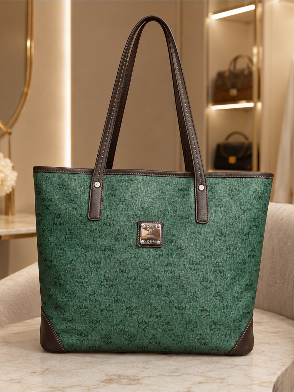 MCM Green Logo Canvas Tote with Brown Leather Handles